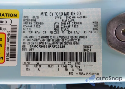 2024 Ford Bronco Sport Heritage из США, поврежденный, VIN 3FMCR9G61RRF29225